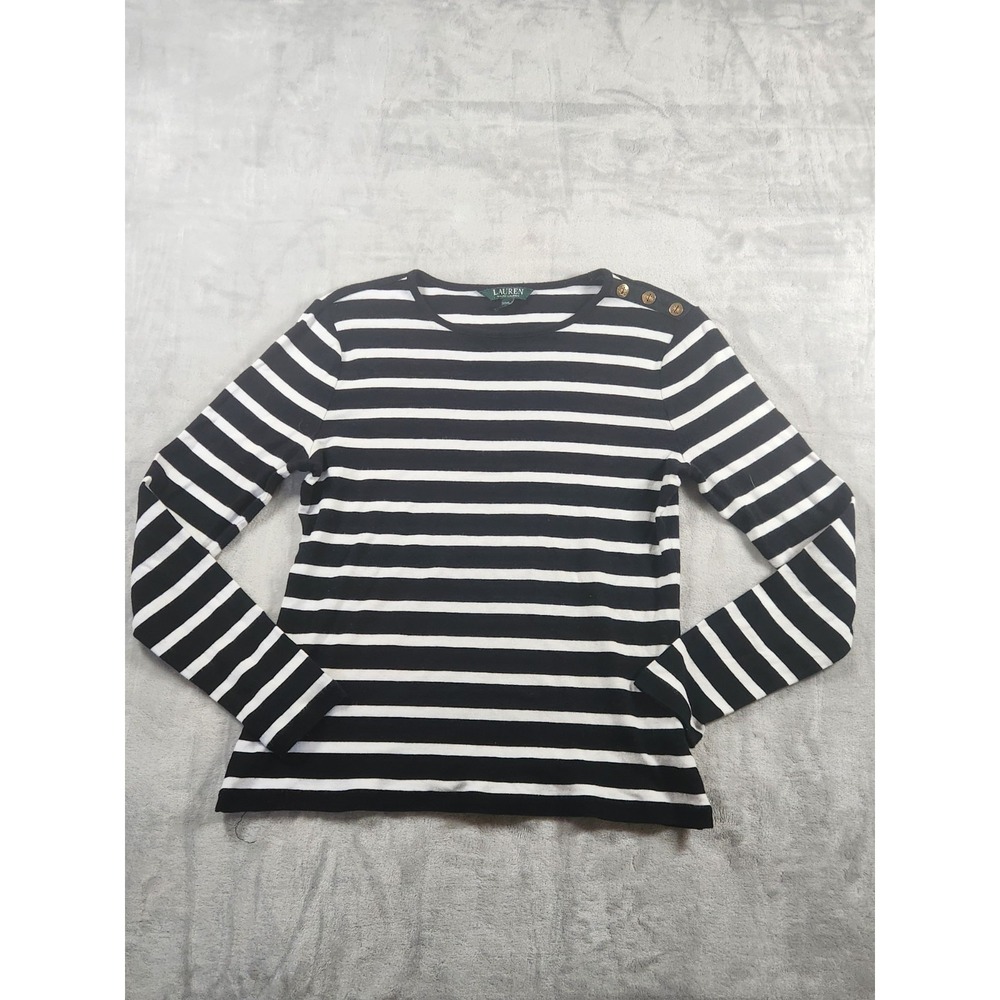 Lauren Ralph Lauren Women's Striped Button-Shoulder Top in Black/White-Size‎ L